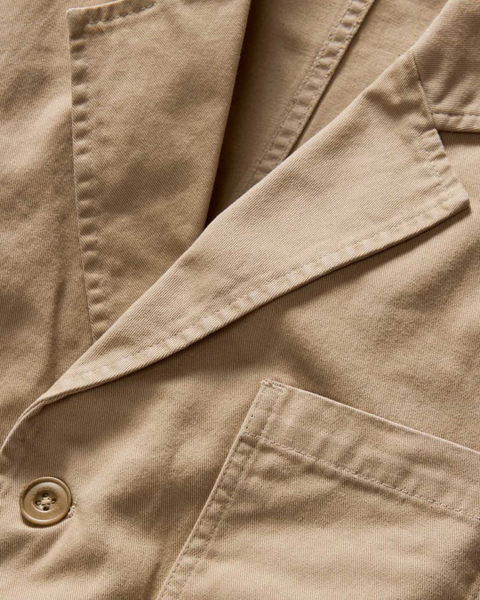 material shot of the collar on The Foundation Sportcoat in Organic Khaki Twill