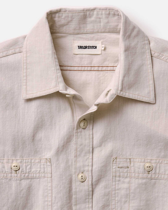 material shot of the collar on The Foundry Shirt in Natural Chambray