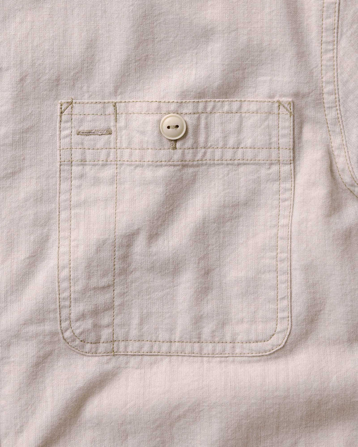 material shot of the pocket on The Foundry Shirt in Natural Chambray