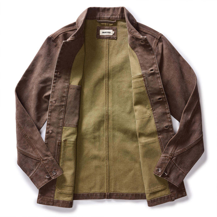 flatlay of The Fremont Jacket in Aged Penny Chipped Canvas open