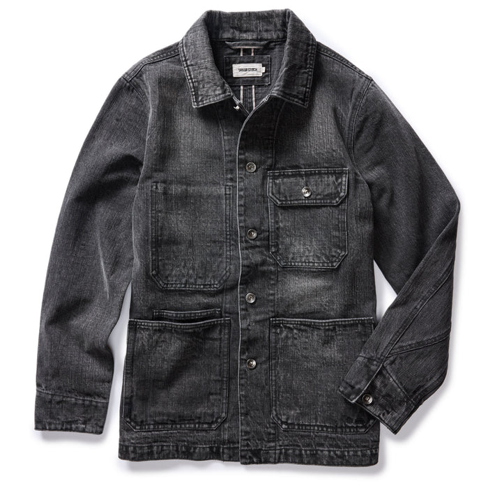 flatlay of The Fremont Jacket in Black 3-Month Wash Selvage Denim