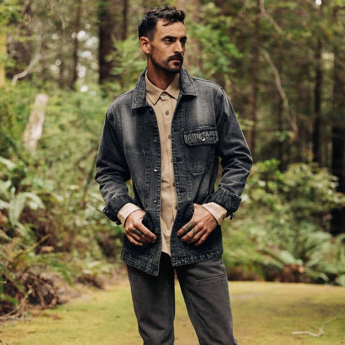 fit model in The Fremont Jacket in Black 3-Month Wash Selvage Denim