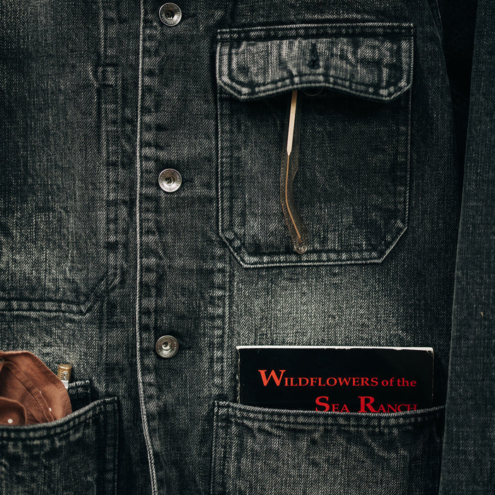 close up of all the pockets on The Fremont Jacket in Black 3-Month Wash Selvage Denim