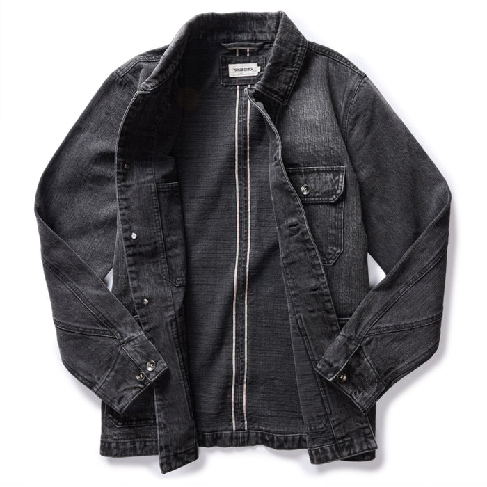 flatlay of The Fremont Jacket in Black 3-Month Wash Selvage Denim, shown open
