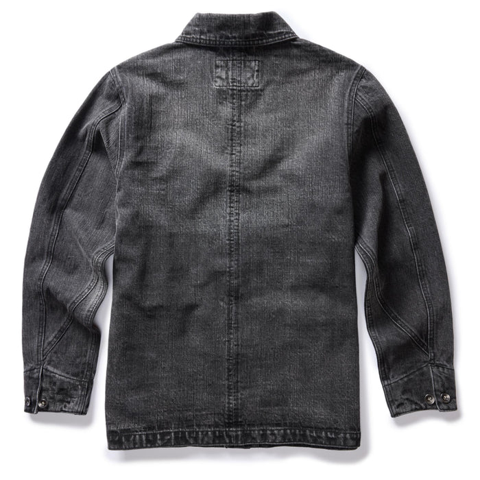 flatlay of The Fremont Jacket in Black 3-Month Wash Selvage Denim, from the back