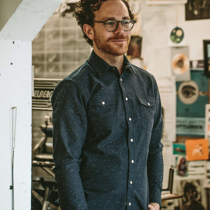 Our fit model in San Francisco wearing the Glacier Shirt