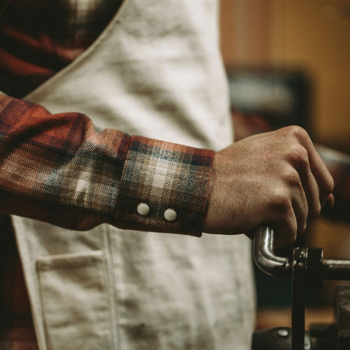 A close up of our fit model wearing our Glacier Shirt