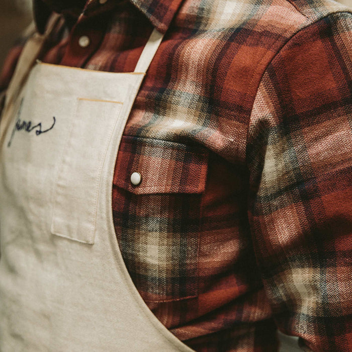 A close up of our fit model wearing the Glacier Shirt