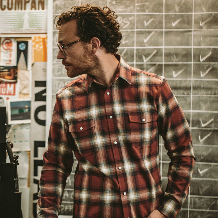 The fit model wearing the Glacier Shirt in Red.