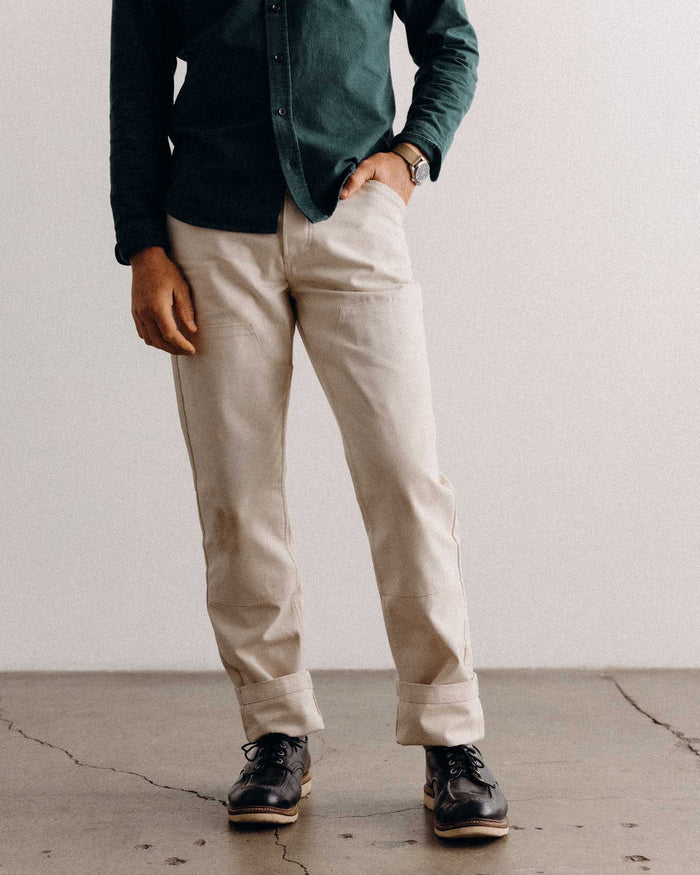 fit model posing in The Good Acre Chore Pant in Natural Canvas