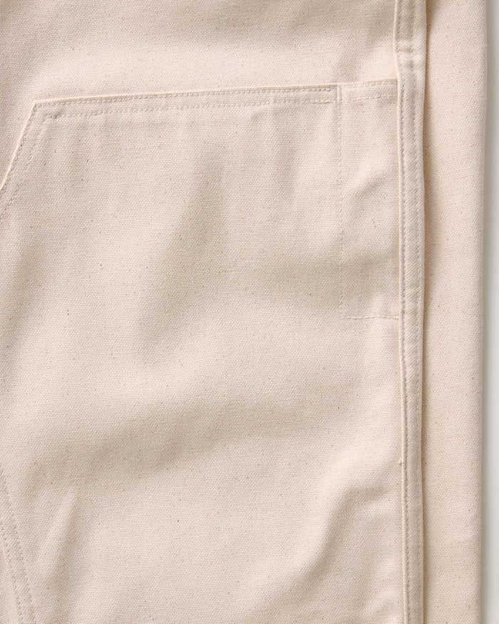 material shot of the double knee imagery on The Good Acre Chore Pant in Natural Canvas