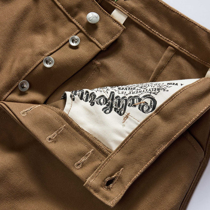 material shot of the button fly on The Good Acre Chore Pant in Tan Canvas