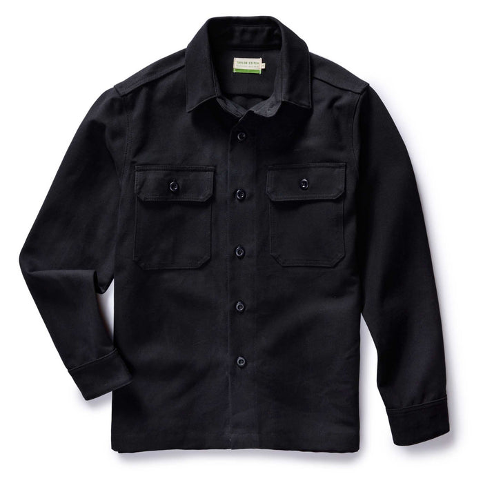 flatlay of The Good Acre Forge Overshirt in Black Canvas