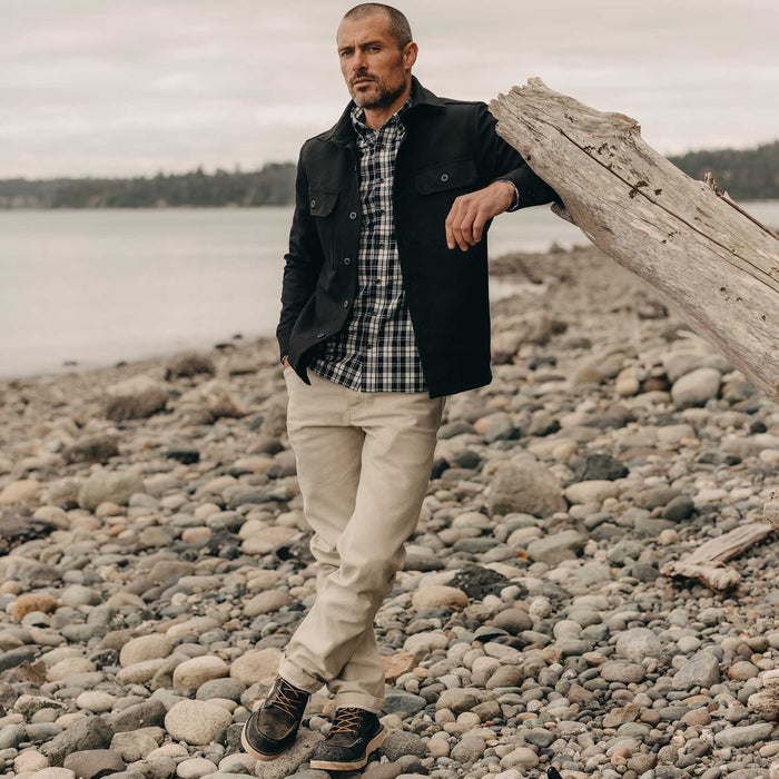 fit model posing in The Good Acre Forge Overshirt in Black Canvas