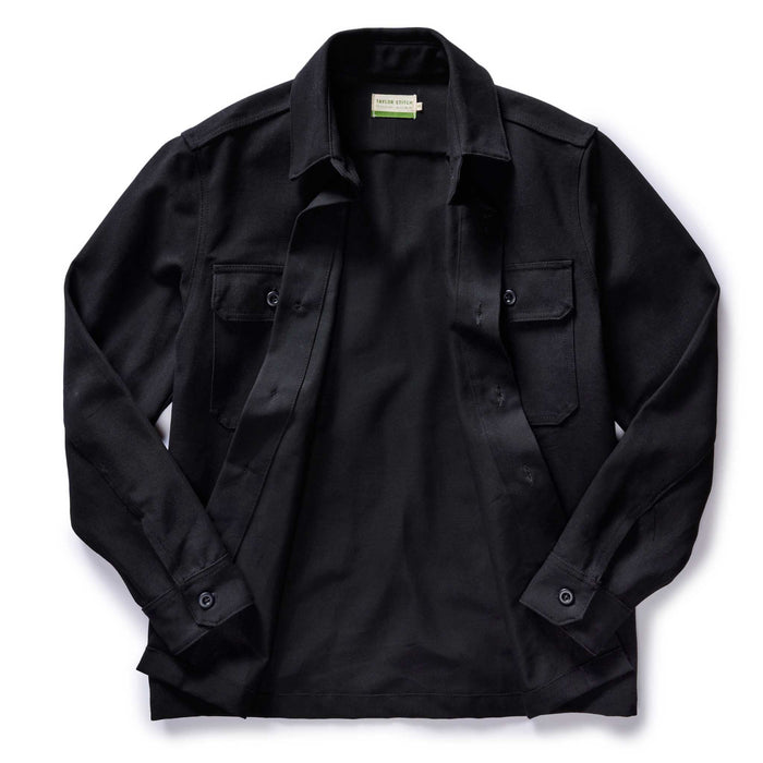 flatlay of The Good Acre Forge Overshirt in Black Canvas open
