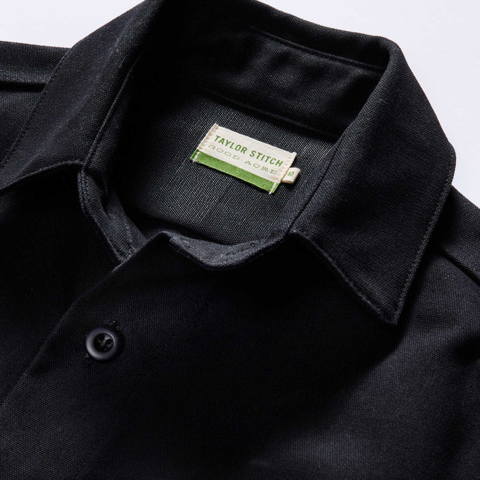 material shot of the collar on The Good Acre Forge Overshirt in Black Canvas