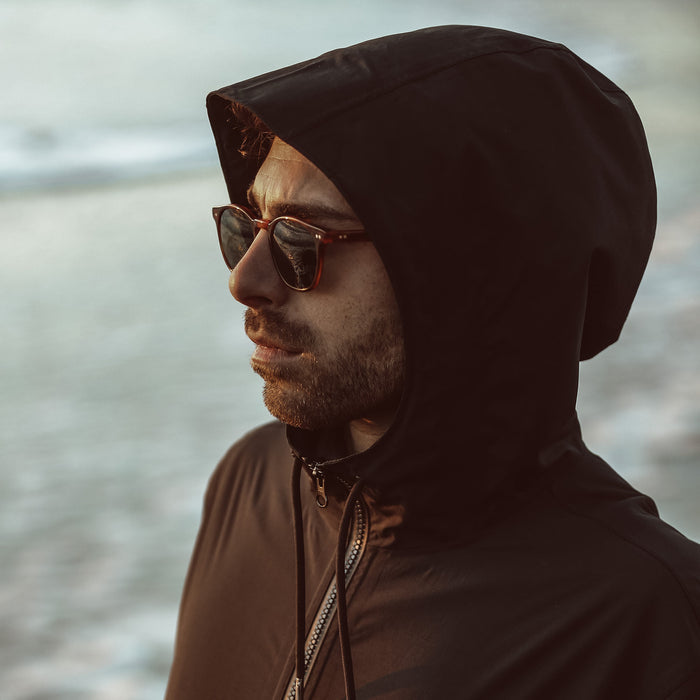 Our fit model showing the hood of out Hackney Jacket