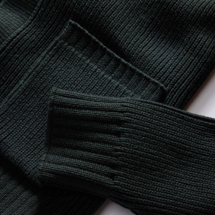 material shot of the ribbed cuff on The Harbor Sweater Jacket in Black Pine Heather