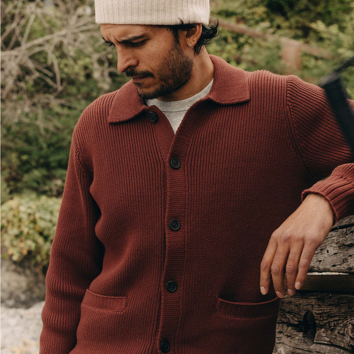 fit model posing in The Harbor Sweater Jacket in Mahogany