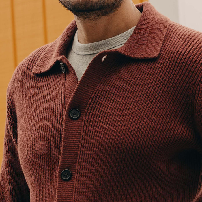fit model showing off the buttons on The Harbor Sweater Jacket in Mahogany