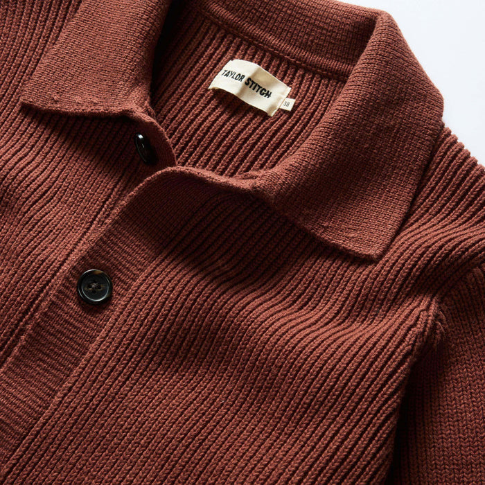 material shot of the collar on The Harbor Sweater Jacket in Mahogany