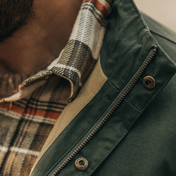 our fit model wearing The Harris Jacket in Forest Dry Wax—cropped shot of collar