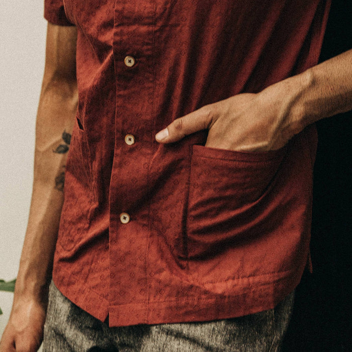 fit model wearing The Havana in Rusted Floral Jacquard, hand in pocket,  cropped