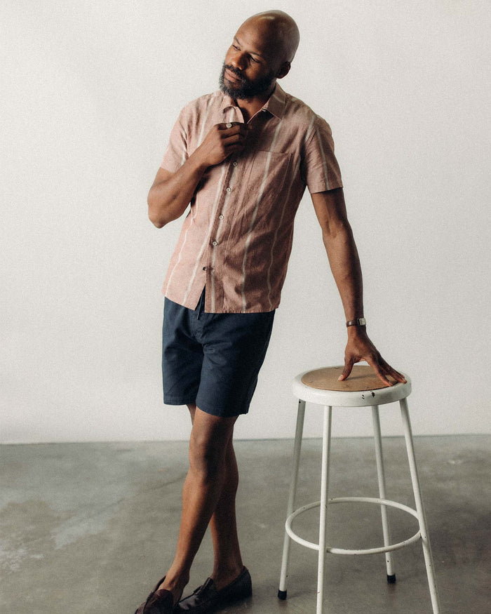 fit model wearing The Short Sleeve Hawthorne in Dried Fig Stripe