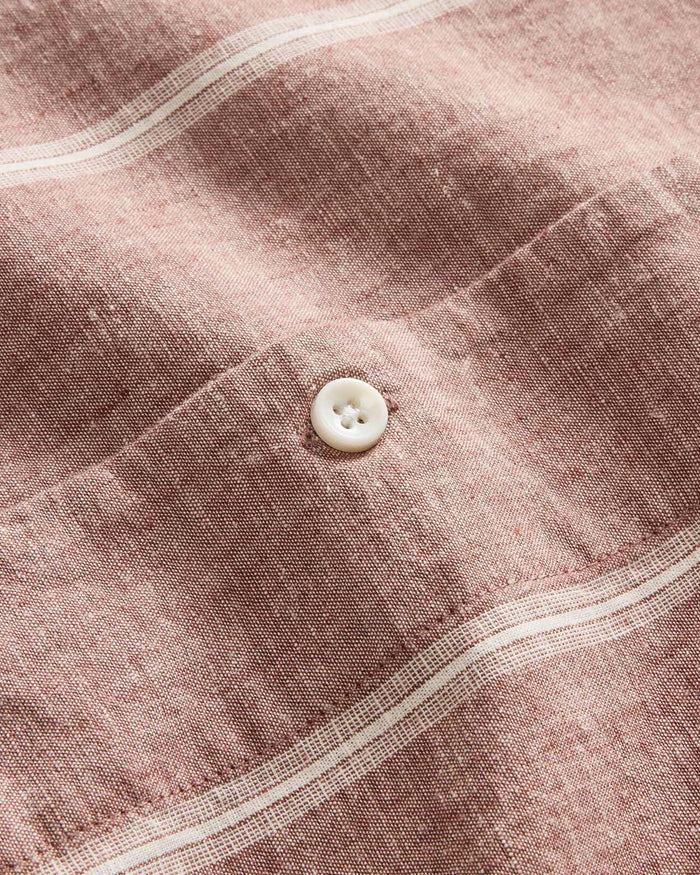 material shot of the camp collar on The Short Sleeve Hawthorne in Dried Fig Stripe