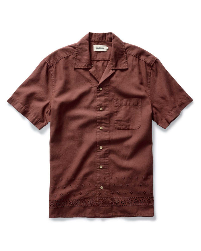 flatlay of The Hawthorne Shirt in Red Wine Border Eyelet