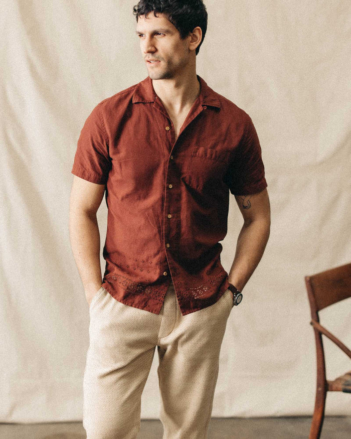 fit model showing off The Hawthorne Shirt in Red Wine Border Eyelet