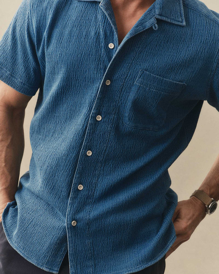 fit model posing in The Hawthorne Shirt in Washed Indigo Crepe
