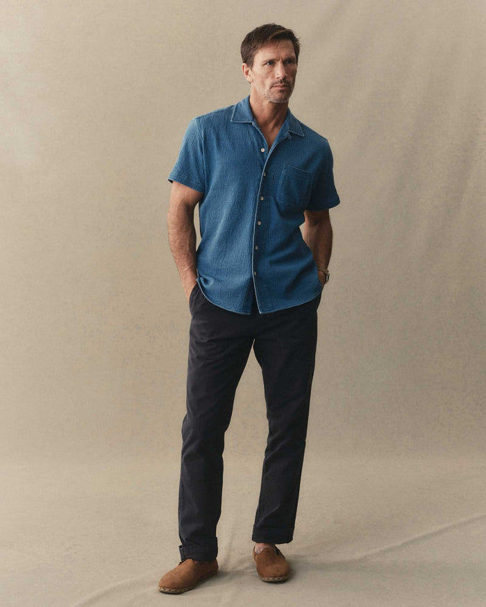 fit model posing in The Hawthorne Shirt in Washed Indigo Crepe