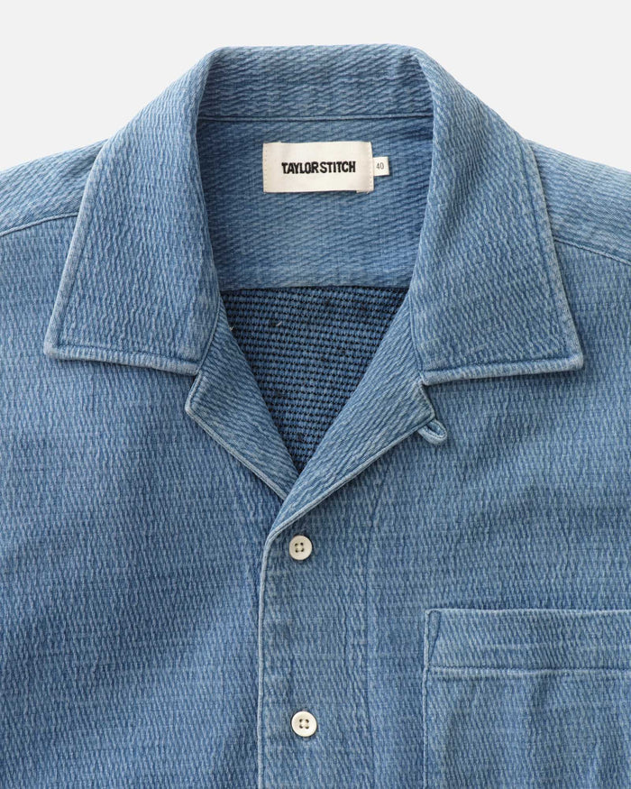 material shot of the collar on The Hawthorne Shirt in Washed Indigo Crepe