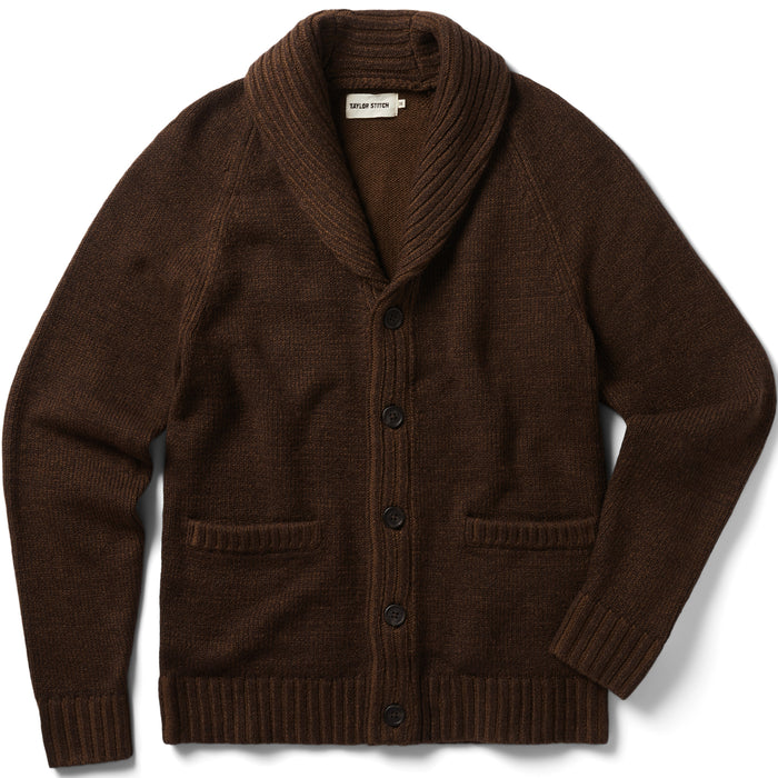 flatlay of The Headland Shawl Cardigan in Marled Chocolate