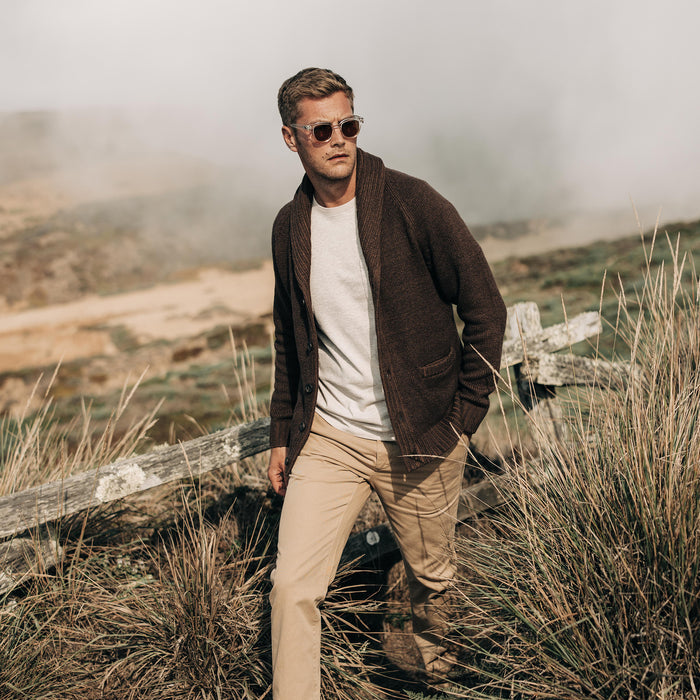 fit model walking in The Headland Shawl Cardigan in Marled Chocolate
