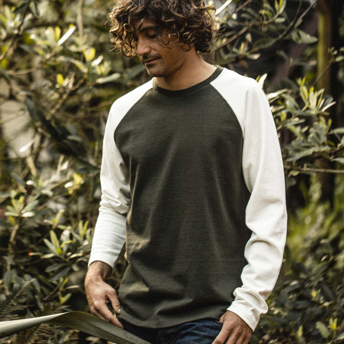 Our fit model wearing The Heavy Bag Baseball Tee in Cypress.