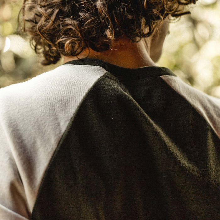 Our fit model wearing The Heavy Bag Baseball Tee in Cypress.
