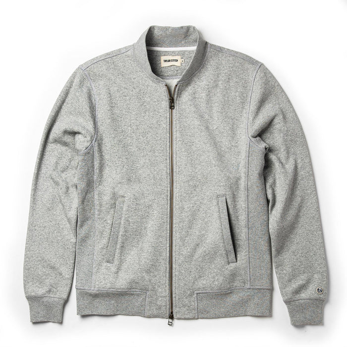 flatlay of The Heavy Bag Bomber in Heather Grey Fleece from the front zipped up