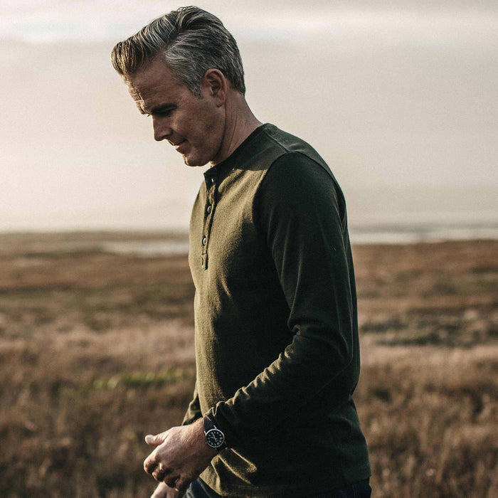 Our fit model wearing The Heavy Bag Henley from Taylor Stitch.