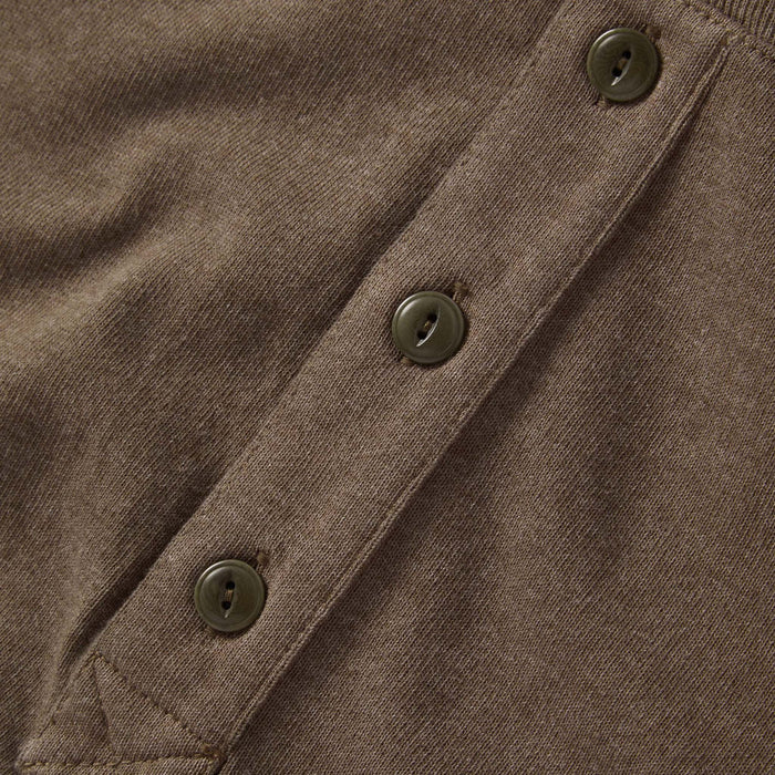 material shot of the buttons on The Heavy Bag Henley in Walnut