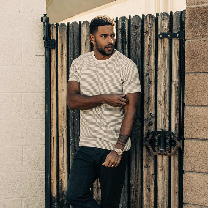 our fit model wearing The Heavy Bag Tee in Ash Stripe