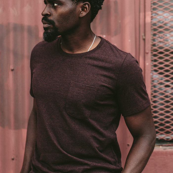The fit model wearing our burgundy heavy bag tee