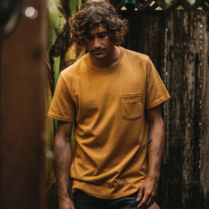 Our fit model wearing The Heavy Bag Tee in Canary.