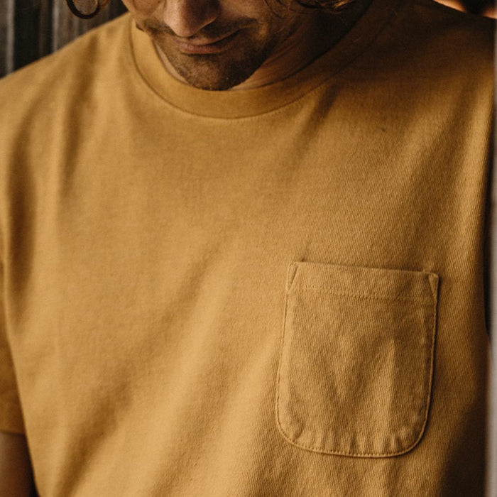 Our fit model wearing The Heavy Bag Tee in Canary.