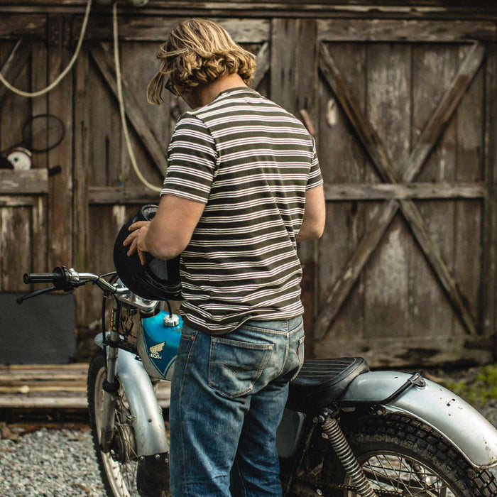 Our fit model wearing The Heavy Bag Tee in Cypress Stripe