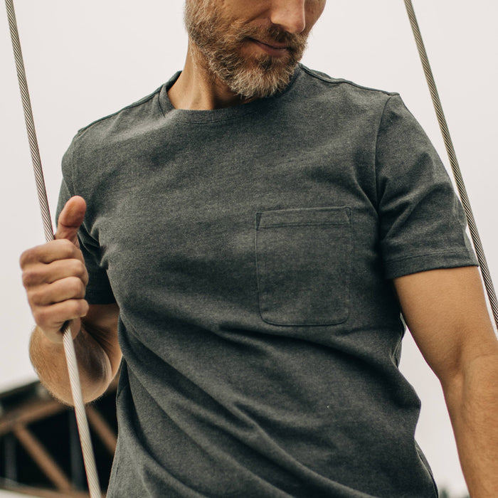 fit model wearing The Heavy Bag Tee in Dark Slate