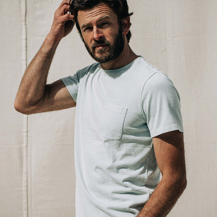 our fit model wearing The Heavy Bag Tee in Dusty Sky