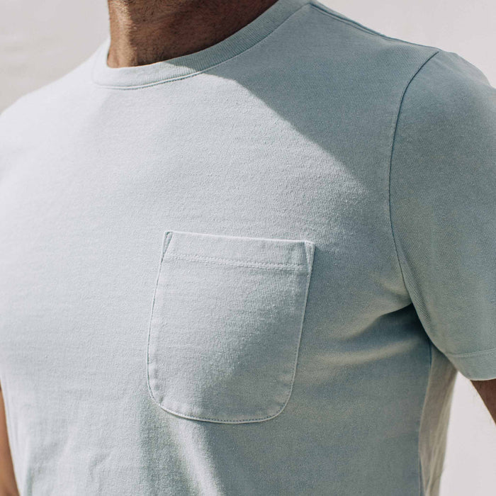 our fit model wearing The Heavy Bag Tee in Dusty Sky