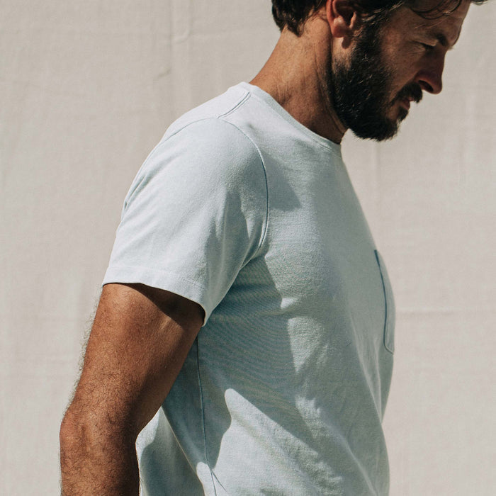 our fit model wearing The Heavy Bag Tee in Dusty Sky